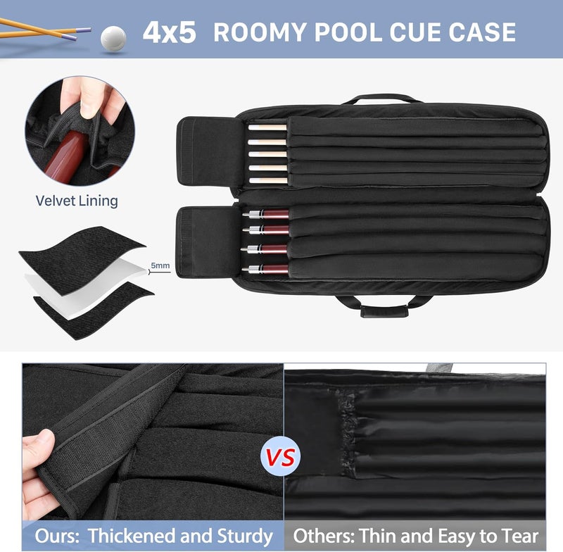 GOBUROS 4x5 Pool Cue Case, Billiard Stick Carrying Case Holds 4 Butts and 5 Shafts, Soft Pool Stick Bag with Large Front Accessories Pockets and Shoulder Strap for Easy Carry - Image 2